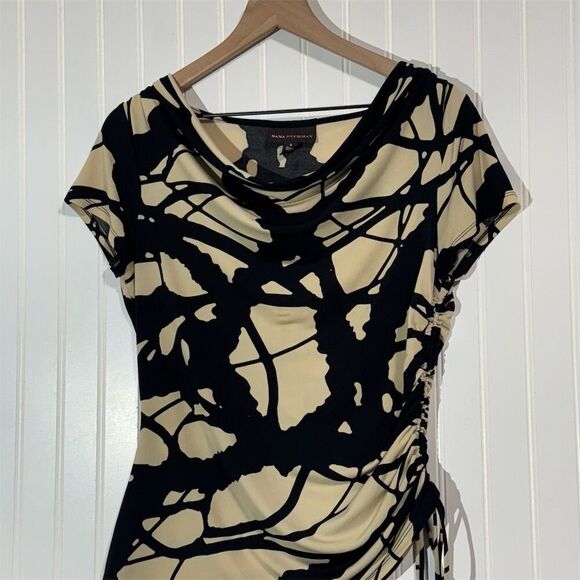 Dana Buchman Abstract Print Cowl Neck Ruched Side Top Small Black Beige Y2K VTG - Picture 2 of 7